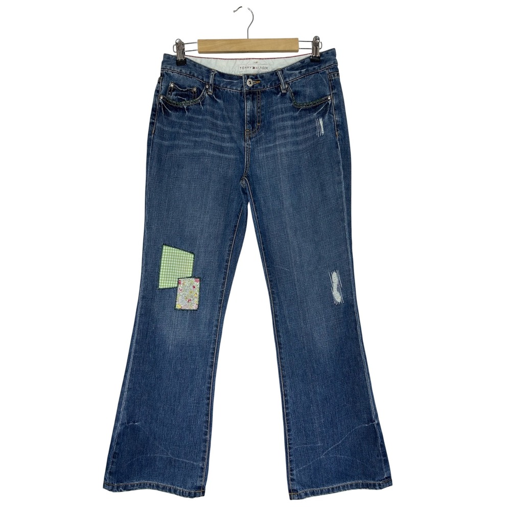 VTG Y2K Tommy Hilfiger Low Rise Flare Leg Cotton Medium Wash Patchwork Jeans 10